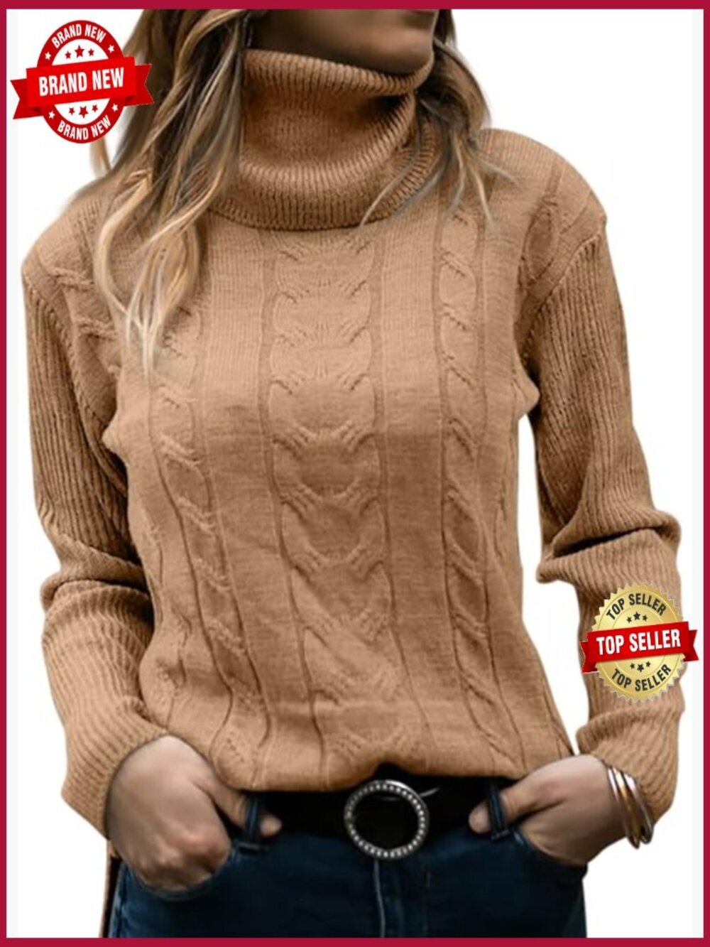 Turtleneck Long Sleeve Cable Knit Pullover Sweater Top